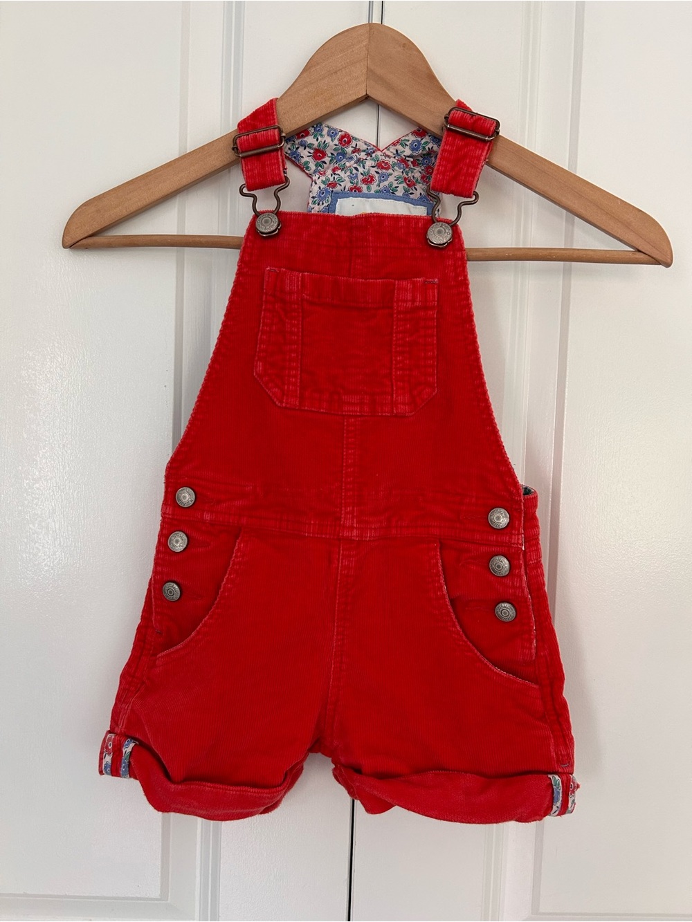 Mini Boden girls size 2-3 years red corduroy short overalls floral interior